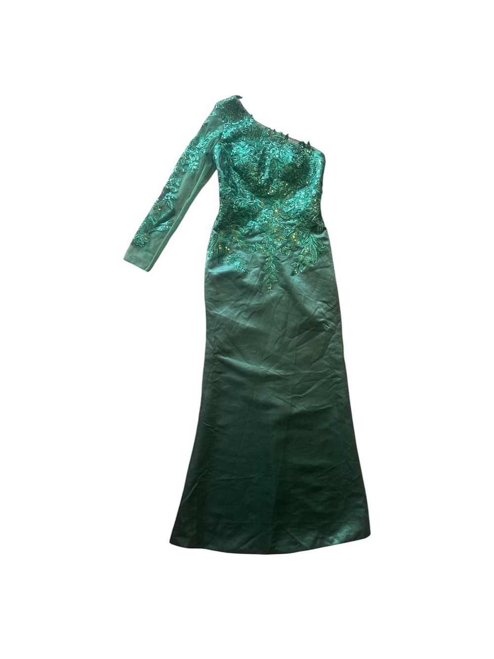 One-Shoulder Emerald Green Embroidered Evening Gown